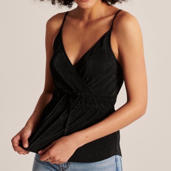 NWT Abercrombie & Fitch Black Satin Pleated Tie Front Cami | Size S - Picture 4 of 15